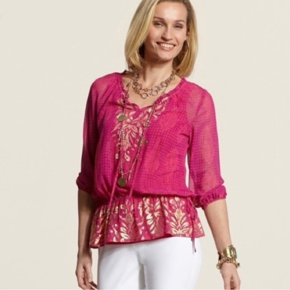 Chico’s Damask Shimmer‎ Lacy Top 1 M Medium 3/4 Sleeve Bengali Pink Gold Sheer - Picture 3 of 7